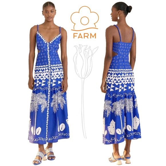 FARM Rio Dresses & Skirts - Farm Rio Mixed Ondina Blue Midi Cut out Ruched Sided Buttoned Down Maxi Dress